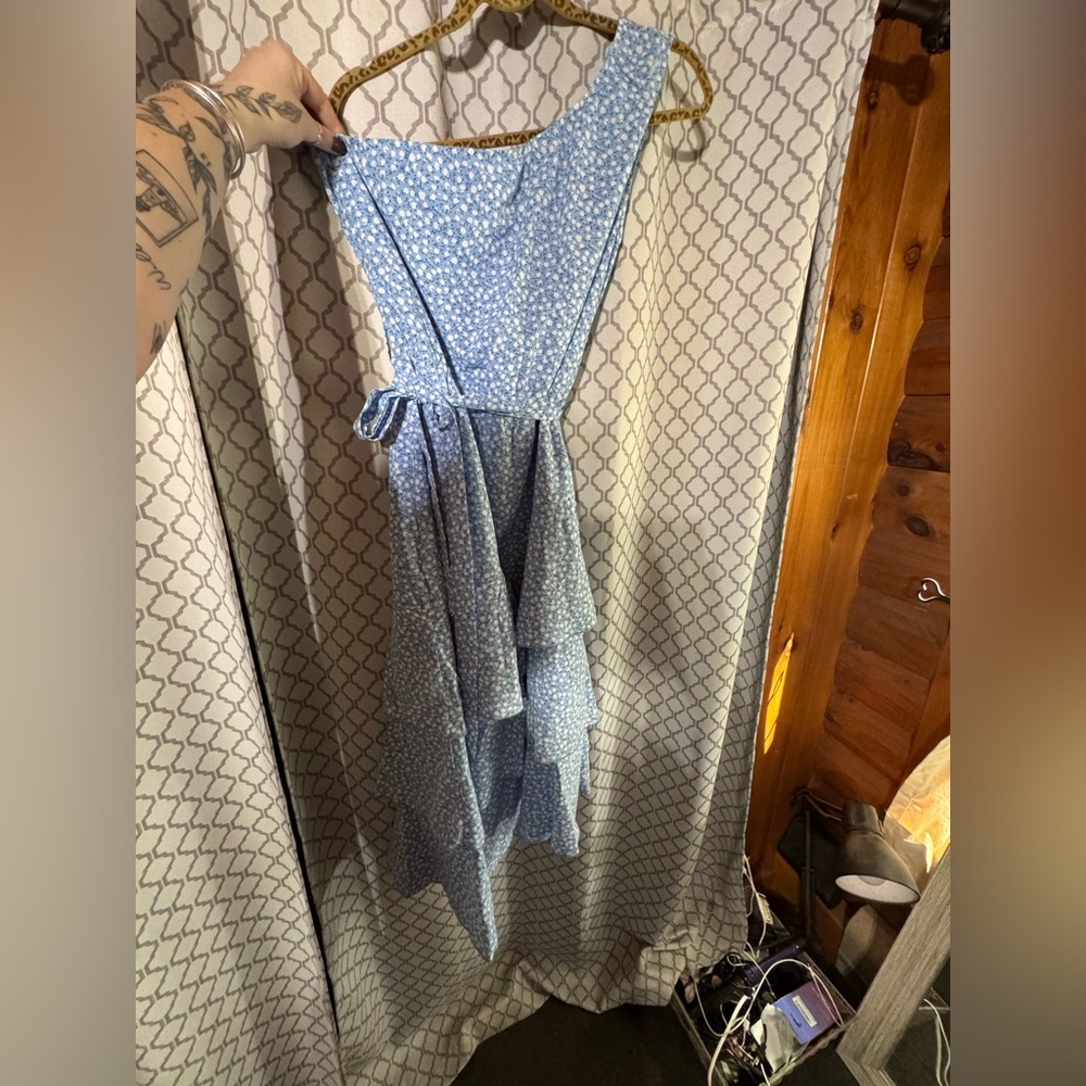 Light Blue Floral one shoulder Dress